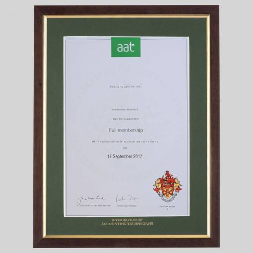 Association of Accounting Technicians certificate frame - Traditional Teak and Gold