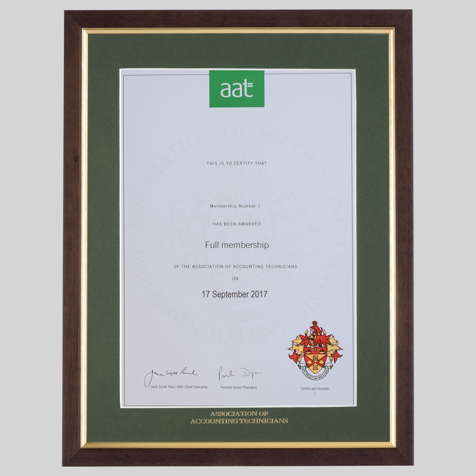 Association of Accounting Technicians certificate frame - Traditional Teak and Gold
