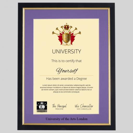 University of the Arts London A4 graduation certificate Frame in Black and Gold