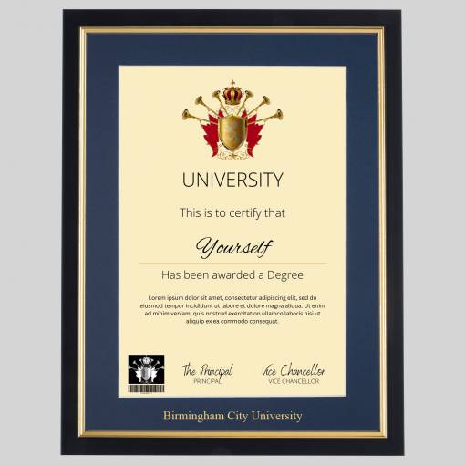 Birmingham City University A4 graduation certificate Frame in Black and Gold