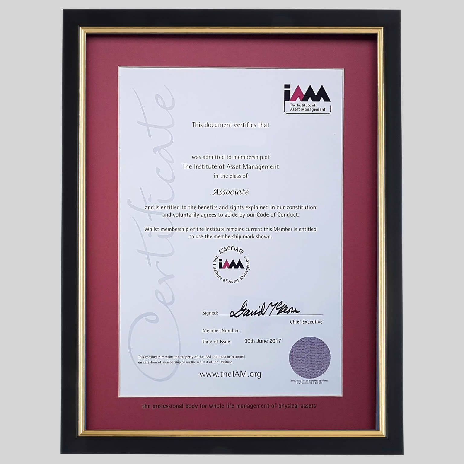 Institute of Asset Management certificate frame | Professional Framing ...