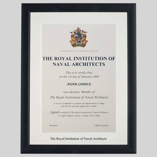 The Royal Institution of Naval Architects certificate frame - Contemporary Matt Black